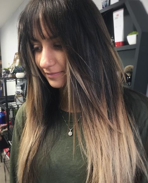 Ombré with bangs Long Ombre Hair With Bangs, Brown Ombre Hair With Bangs, Ombré Hair With Bangs, Bangs Ombre Hair, Ombre Hair With Bangs, Ombre With Bangs, Fall Brunette Hair Color Balayage, Balayage With Bangs, Black Hair With Blonde Highlights