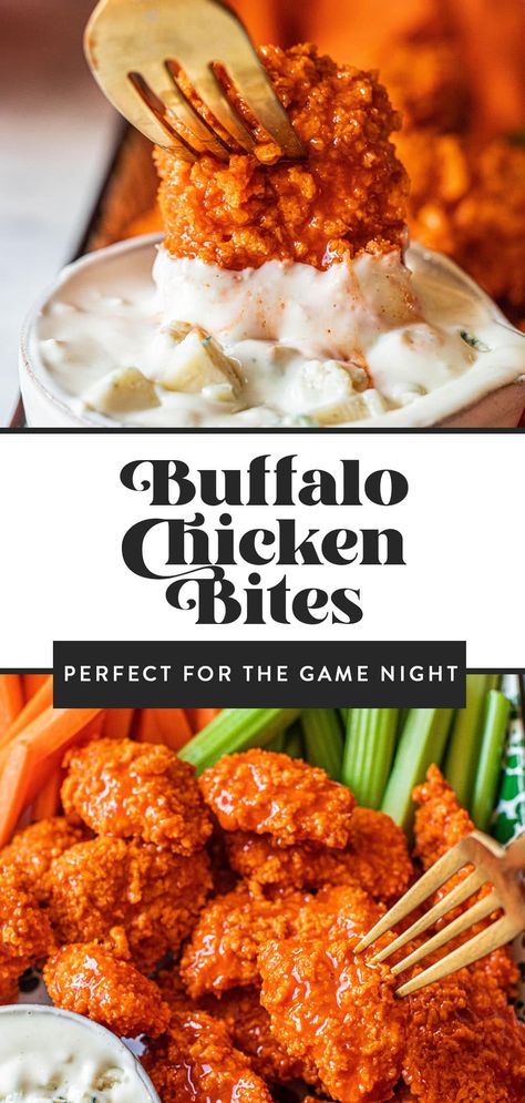 Buffalo Chicken Bites Baked, Chicken Bites Appetizers, Boneless Buffalo Wings, Super Easy Appetizers, Buffalo Chicken Bites, Spicy Buffalo Chicken, Spicy Appetizers, Chicken Appetizers, Meat Appetizers