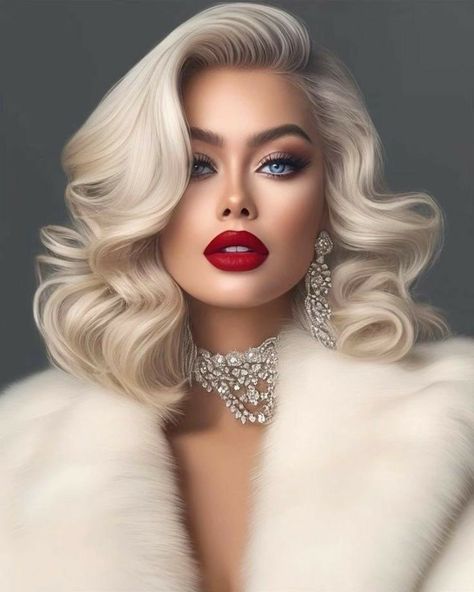 Elegant Instagram Photos, Photoshoot Blonde Hair, Glamour Makeup Looks, Glamour Hair, Hollywood Hair, Glam Hair, Penteado Cabelo Curto, Hollywood Glam, Red Lipstick