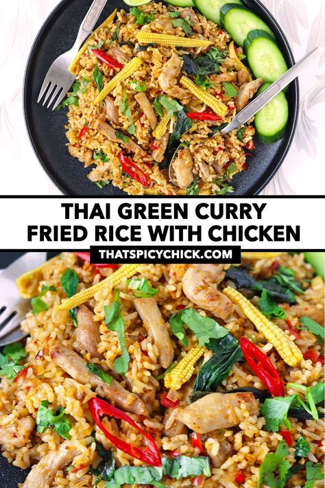 This Thai Green Curry Fried Rice is quick and easy to make in under 30 minutes and jam-packed with flavor! Tender chicken pieces, garlic, chilies, green curry paste, Thai sweet basil, and jasmine rice get stir-fried together to make this delicious weeknight one wok wonder! #friedrice #chicken #greencurrypaste #greenchickencurry #thaifood #thaifriedrice #asianfood #easyrecipes #stirfry #dinner #lunch #spicy | That Spicy Chick Dinner Recipes Thai, Curry Fried Rice, Green Curry Chicken, Rice With Chicken, Tasty Thai, Thai Green Curry, Green Curry Paste, Winter Dinner Recipes, Sweet Basil