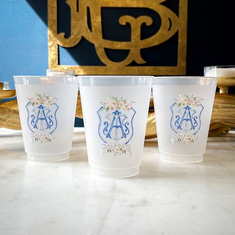 Custom Watercolor Monogram Full Color Shatterproof Cups | Etsy Venue Watercolor, Chinoiserie Wedding, Frosted Cups, Photo Cup, Dinner Reception, Watercolor Monogram, Frosted Cup, Wedding Cups, Local Coffee Shop