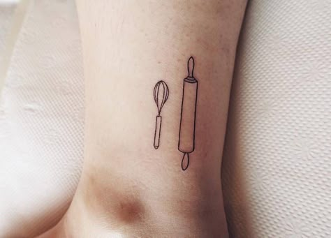 Minimalist Baking Tattoo, Baking Related Tattoos, Minimalist Chef Tattoo, Minimal Chef Tattoo, Tiny Whisk Tattoo, Pastry Tattoo, Baker Tattoo, Baking Tattoo, Cooking Tattoo