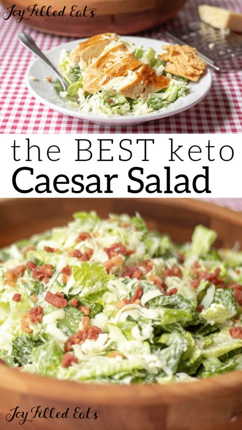 The BEST keto Caesar Salad - Low Carb, Keto, THM S, Gluten-Free, Grain-Free - How to make keto Caesar salad dressing: just mix together 4 simple ingredients and season with salt and pepper. My 9-year-old makes this for dinner for us at least once a week without any help. #lowcarb #lowcarbrecipes #lowcarbdiet #keto #ketorecipes #ketodiet #thm #trimhealthymama #glutenfree #grainfree #glutenfreerecipes #recipes #caesarsalad #bacon #salad #easyrecipes Caesar Salad Dressing, Caesar Salad Recipe, Boiled Egg Diet Plan, Bacon Salad, Low Carb Salad, Keto Recipes Dinner, Salad Dressing Recipes, Caesar Salad, Low Carb Keto Recipes