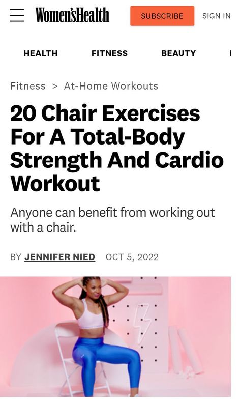 20 Chair Exercises For A Total-Body Strength And Cardio Workout | "Anyone can benefit from working out with a chair." ~Jennifer Nied Chair Workout, Best Chair, Leg Circles, Arnold Press, Chair Exercises, Split Squat, Hands Together, Cool Chairs, Total Body