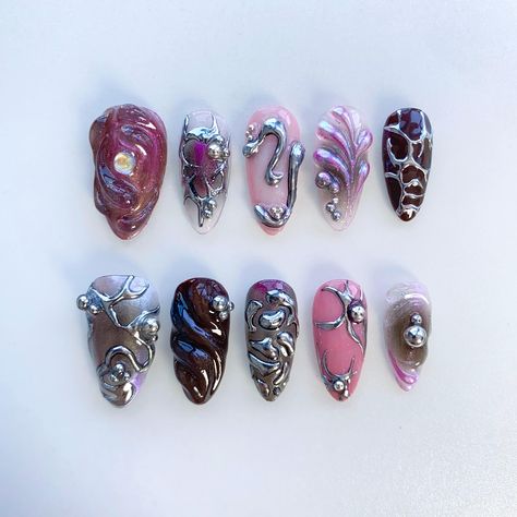 custom nails,glue on nails,false nails,cute nails,christmas nails,chrome nails,Stiletto Nail 🌸About the product  1.Each set include 10 nails of 100% handmade  2. Cuticle stick 3. Nail file 4. Jelly glue set 5. Packaging storage box 🌸Material: Acrylic 🌸How to measure the size？ 1. Measure the bare nails without nail polish 2. Use a tape measure to measure the widest part of the nail 3. Align the scale to the left edge of the nail, close to the curvature of the nail arc 4. Align the scale to the Medium Length Goth Nails, Christmas Goth Nails, Goth Christmas Nails, Ongles Goth, Monster Nails, Gothic Nails, Punk Nails, Nail Swag, Goth Nails