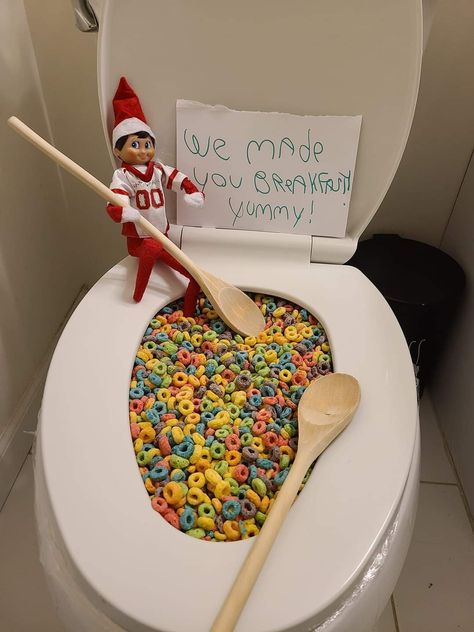 Elf On The Shelf Toilet, Shelf Toilet, Elf Ideas Easy, Awesome Elf On The Shelf Ideas, Elf Activities, Xmas Elf, Bowl Of Cereal, Cereal Bowl, Toilet Bowl