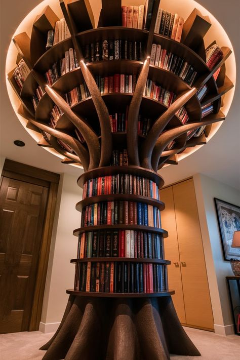 Bring stories to life with a stunning tree-shaped bookshelf. Each branch offers unique storage for books, while warm LED lighting adds a magical glow and highlights its craftsmanship. #TreeBookshelf #WhimsicalDecor #HomeLibraryGoals #UniqueBookshelfDesign #LEDHomeDecor #NatureInspiredFurniture #StorybookVibes #CozyReadingNook #CreativeBookshelves #ArtisticHomeDesign Coolest Bookshelves, Display Wall Ideas, Storage For Books, Bookshelf Display, Creative Bookshelves, Tree Bookshelf, Cool Bookshelves, Display Wall, Bookshelf Design