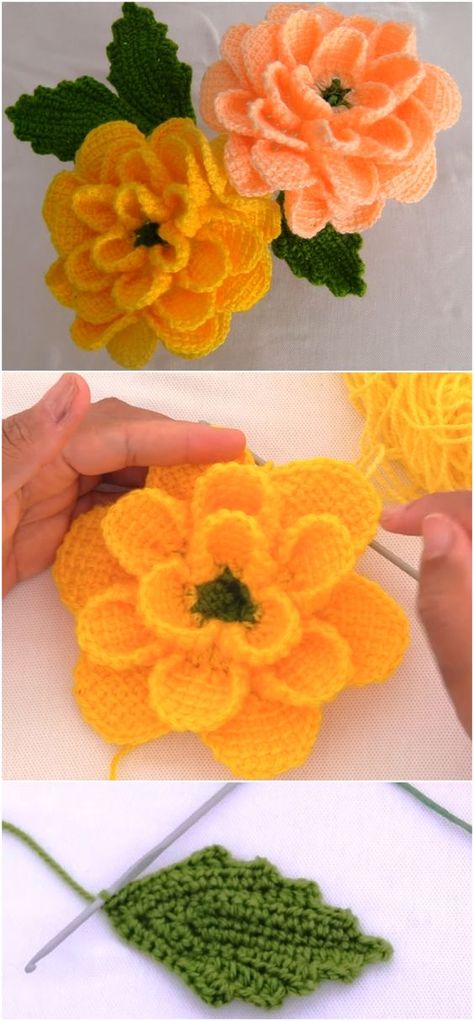 Crochet 3 D Rose Flower With Leaves - Crochet Ideas Flowers Knitting, Leaves Crochet, Flower With Leaves, Bouquet Crochet, Beau Crochet, D Rose, Crochet Garden, Trendy Plants, Confection Au Crochet