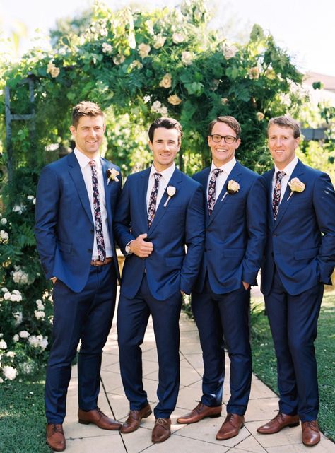 In love with this wedding day look that includes blue suits and floral ties for the men. Flower Ties Wedding, Country Groomsmen, Navy Suits, Floral Ties, Paolo Sebastian, Groomsmen Outfits, Groomsmen Photos, Wedding Party Outfits, Suit Ideas