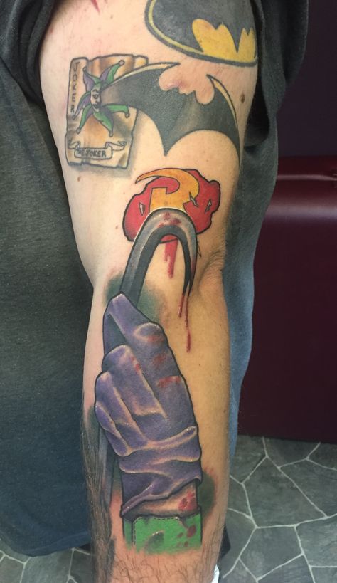 Joker Crowbar tattoo Crowbar Tattoo, Batman And Joker Tattoo, Half Batman Half Joker Tattoo, Batman And Joker Sleeve Tattoo, Animated Joker Tattoo, Joker Tattoo Hahahahaha, Nerd Tattoo, Batman Tattoo, Tattoos