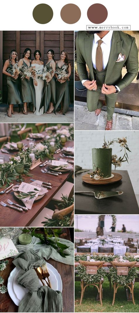 Green Brown Wedding, Moss Green Wedding, Brown Wedding Themes, Wedding Theme Color Schemes, Dark Green Wedding, Olive Green Weddings, Olive Wedding, Wedding Color Pallet, Forest Theme Wedding