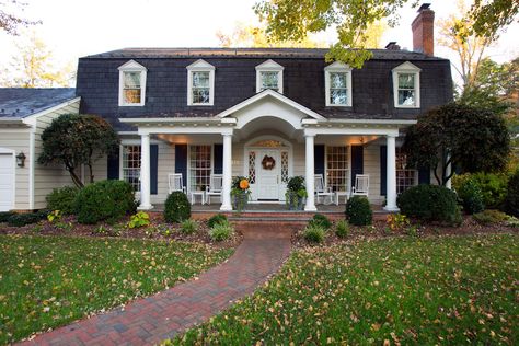 Mansard Roof Transformation Dutch Colonial Metal Roof, Exterior House Inspiration, Mansard Roof Modern, Modern Mansard, Dutch Colonial Exterior, Window Arches, Front Portico, Front Porch Remodel, Exterior House Renovation