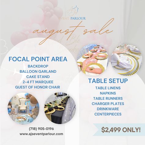 Host your dream intimate event in style for just $2499! 🎈 Our Exclusive Promo Package includes everything you need for a picture-perfect event: 1️⃣ Focal Point Area ✨ Stunning Backdrop 🎈 Gorgeous Balloon Garland 🍰 Elegant Cake Stand 🎪 2-4 ft Marquee 👑 Guest of Honor Chair 2️⃣ Table Setup 🍽️ Luxurious Table Linens 🌺 Chic Napkins 🏃‍♀️ Gorgeous Table Runners 🍽️ Elegant Charger Plates 🥂 Premium Drinkware 💐 Captivating Centerpieces ☎️ (718) 905-0196 🌐 ajseventparlour.com Guest Of Honor Chair, Promo Package, Elegant Cake Stands, Event Space Design, Event Planning Branding, Rental Ideas, Elegant Cake, Silver Party, Elegant Cakes