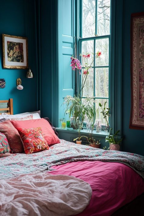 Cozy bedroom with teal walls, large window, pink bedding, plants, and colorful artwork. West Facing Bedroom Paint Colors, West Facing Bedroom, Monochromatic Bedroom Ideas, Bedroom Color Combinations Ideas, Bedroom Color Ideas, Monochromatic Bedroom, Blush Pink Bedroom, Bedroom Color Combination, Sleep Sanctuary