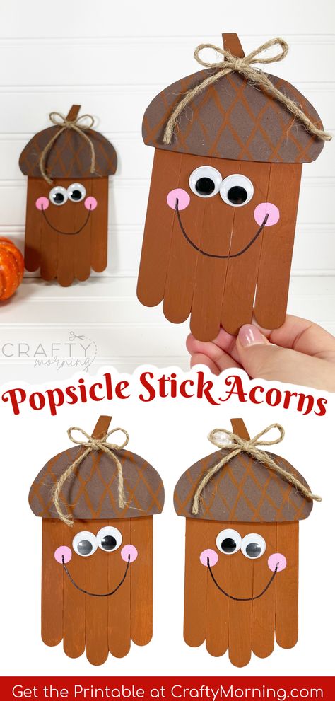 Popsicle Stick Acorn Craft for Kids- fun fall craft for kids. Fall popsicle stick dollar tree art project. Dollar tree jumbo sticks acorn fall art. Classrooms and at home project. Popsicle Stick Fall Crafts For Kids, Popsicle Fall Crafts, Popsicle Thanksgiving Craft, Crafts Kindergarten Ideas, Thanksgiving Crafts For 1 Year, Fall Craft With Popsicle Sticks, Fall Crafts Special Education, Thanksgiving Crafts With Popsicle Sticks For Kids, Preschool Bead Crafts