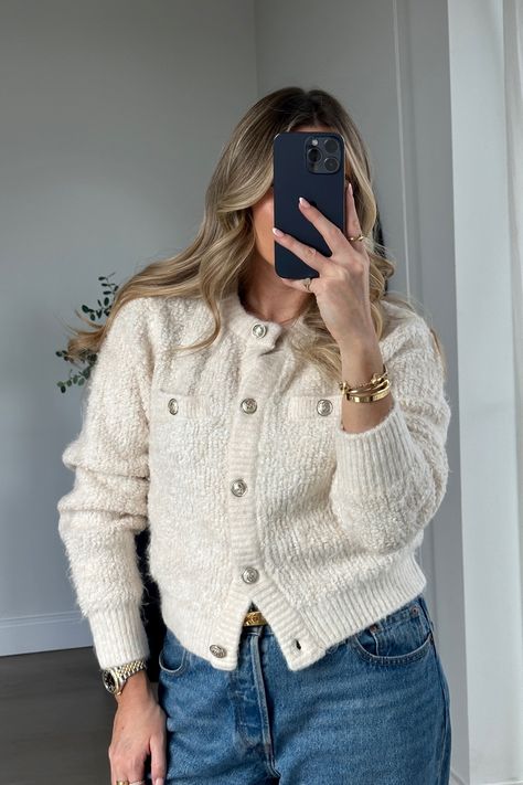 Bouclé cardigan - Cream - Ladies curated on LTK Chanel Style Cardigan Outfit, Boucle Cardigan Outfit, Fuzzy Cardigan Outfit, Chic Beige Chunky Knit Cardigan, Cardigan Work Outfit, Luxury Beige Chunky Knit Cardigan, Cozy Beige Zara Cardigan, Cream Cardigan Outfit, Beige Button-up Cozy Cardigan