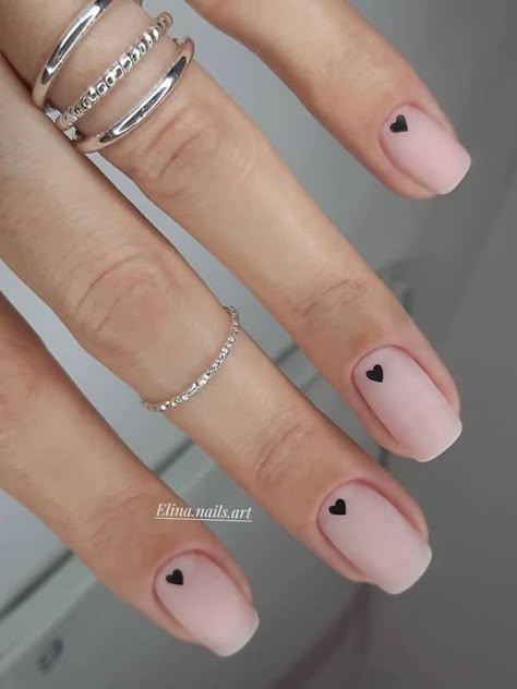 Cute Heart Nails, Valentines Nail Ideas, Milky White Nails, Valentines Nail, February Nails, Cute Heart, Heart Nails, Milky White, Black Heart