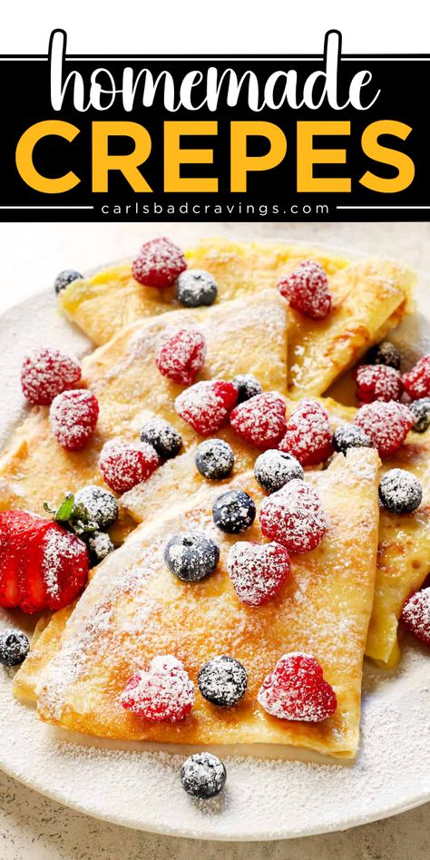 Learn how to make crepes at home! 8 ingredients are all you need for this holiday breakfast recipe. Whether paired with sweet or savory fillings, these homemade crepes are a delicious Christmas brunch menu idea! Strawberry Crepe Recipe, Easy Crepes Recipe Simple, Crepe Breakfast Ideas, Crepe Filling Ideas Sweet, Crepes Recipe Easy Filling, Crepes Brunch, Crepe Filling Ideas, Crepes Recipe Easy, Strawberry Crepes Recipe