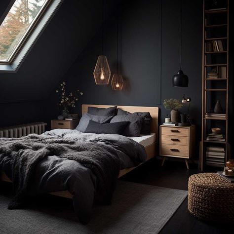 Discover the Beauty of Dark Scandinavian Bedroom Interiors • 333+ Art Images Black And Dark Wood Bedroom, Dark Wood And Black Bedroom, Bedroom Inspiration Cozy Dark, Dark Scandinavian Bedroom, Scandi Bedroom Ideas, Dark Scandinavian, Dark Wood Bed Frame, Nordic Noir, Dark Wood Bedroom