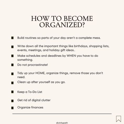 Ready to take control of your life and become a master of organization? 🙌🏼💫 It's time to build some solid routines, write down those important dates (hello, birthdays!), and make schedules and deadlines to keep yourself on track. No more procrastination, just pure productivity! ✨ And let's not forget about tidying up your home and organizing all your things. 🏡 Because let's face it, a cluttered space equals a cluttered mind. 🧠 And let's not forget about digital clutter and those finances th... Cluttered Mind, Organize Motivation, Digital Clutter, Take Control Of Your Life, Small Business Advice, Todo List, Balanced Life, Study Skills, Self Empowerment