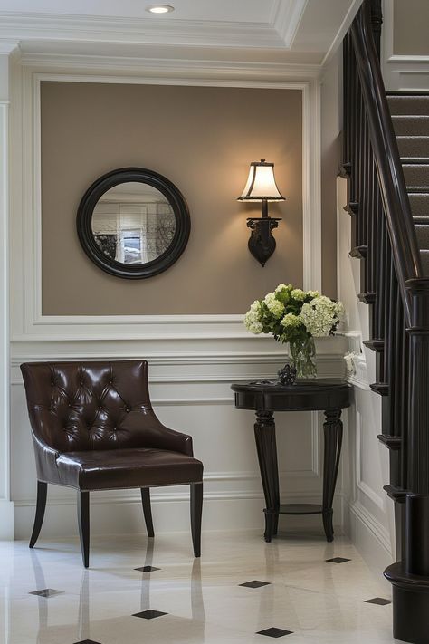 Make An Entrance: 13 Stylish Foyer Decor Ideas - DreamyHomeStyle Neutral Victorian Hallway, Foyer With Wainscoting Entryway, Foyer Molding Ideas, Ralph Lauren Entryway, Center Hall Colonial Foyer, Foyer Wainscoting Entryway, Recessed Wainscoting, Foyer Molding, Grand Entryway Foyers