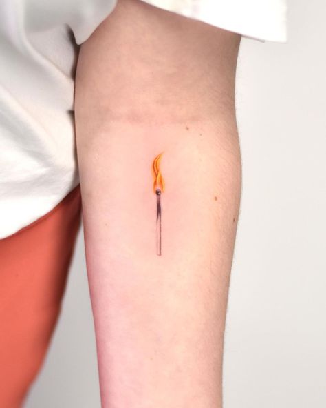 Burning match🔥 Bookings and consultations only through the link in my bio Thank you! | Instagram Book Of Matches Tattoo, Burning Book Tattoo, Candle Flame Tattoo, Burning Match Tattoo, Burn Tattoo, Match Tattoo, Tattoo 2023, Small Forearm Tattoos, Flame Tattoos