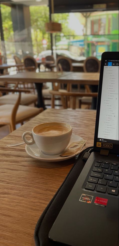 Coffee next to a laptop Coffee At Work Aesthetic, Work Aesthetic Office Coffee, Work In Coffee Shop Aesthetic, Getting Work Done Aesthetic, Work In Coffee Shop, Work Cafe Aesthetic, Work In Cafe Aesthetic, Working From Coffee Shop, Cafe Work Aesthetic