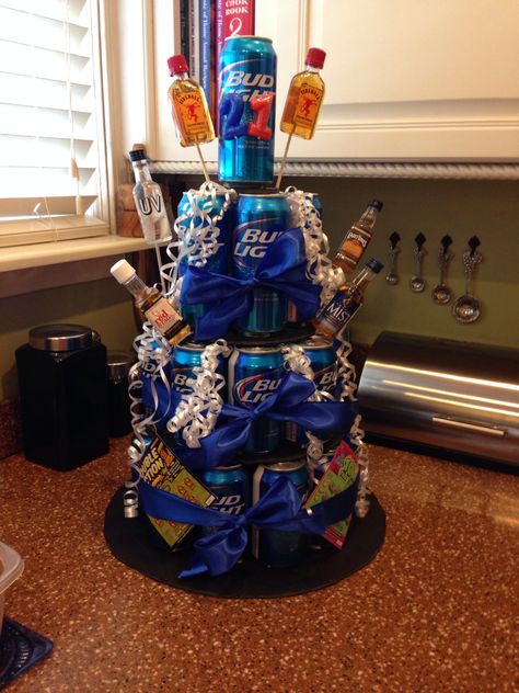 21st birthday ideas for guys! made this for my best friend and he absolutely loved it! beer cake. guys birthday ideas. Gift Ideas For Male Friend, Beer Can Cakes, Birthday Beer Cake, Guys 21st Birthday, Birthday Present For Boyfriend, Cake For Boyfriend, 21st Birthday Presents, 21st Bday Ideas, Cake In A Can