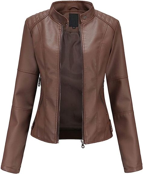 INESVER Womens Faux Fur Leather Jackets Zip Up Motorcyle Short Outwear Fashion Lightweight Leather Cropped Coats Womens Fall Coats, Leather Jacket Zipper, Faux Leather Jacket Women, Tailgate Outfit, Collar Leather Jacket, Clothes Stand, Leather Jacket Style, Slim Fit Jackets, Vegan Leather Jacket