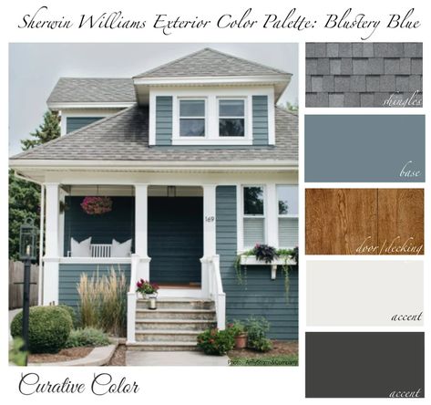 Blustery Blue SHERWIN WILLIAMS Exterior Color Palette - Etsy Turquoise Siding Exterior, Gray Blue Home Exterior, Blue Green Grey Exterior House Colors, Blustery Blue Sherwin Williams Exterior, Sw Blustery Sky Exterior, Blue House Cream Trim, Blue And White Exterior House Colors, Blue Gray House Exterior White Trim, Sherwin Williams Blustery Sky Exterior