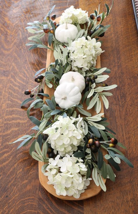 DIY Fall Decor wooden dough bowl flower arrangement with white pumpkins, olive branches and hydrangeas Dough Bowl Centerpiece, Diy Fall Decor, Flowers And Greenery, Wooden Dough Bowl, Diy Arrangements, Fall Deco, Floral Arrangements Diy, Fall Thanksgiving Decor, Fall Table Decor