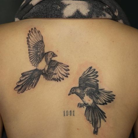 KOI on Instagram: "Two magpies! Top bird is my piece, Bottom right was a rework of an old tattoo (not mine)" Budgerigar Tattoo, Korean Magpie Tattoo, 2 Magpies Tattoo, Two Magpies, Magpies Tattoo, Magpie Tattoo Design, Two Magpies Tattoo, Matching Bird Tattoos, Magpie Tattoo