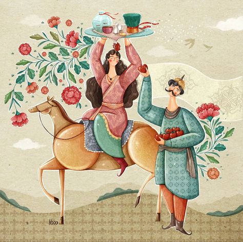 Folk Illustration, Persian Art Painting, Iranian Art, Arabic Art, Art Drawings For Kids, Illustration Character Design, Girly Art, Pics Art, Pretty Art