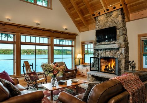 By the Water: Maine Lake House | New England Living Lake House Living Room, Rustic Lake Houses, Lake House Interior, Maine Cottage, Lakeside Living, Lakeside Cottage, Lake House Plans, Cabin Interiors, Lake Living