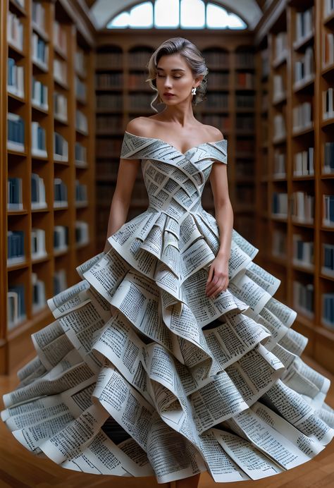 Haute Couture Newspaper Print Dress for Fashion Statements Newspaper Print Dress, Textured Gown, Sleek Updo, Newspaper Printing, Green Gown, Casual Summer Dresses, Fashion Event, Modern Fashion, Trend Setter