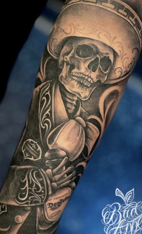 Charro Skeleton Tattoo, Mexican Skull Tattoo Design, Mexican Bandit Tattoo, Mexican Tattoo Sleeve, Dia De Los Muertos Tattoo Ideas Men, Mexican Themed Tattoos, Charra Tattoos Mexican, Mexican Tattoo Ideas For Men Aztec, Charro Skull Tattoo