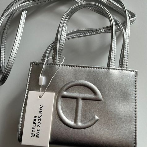 Telfar Small Silver Shopping Bag - New Telfar Bags, Please Forgive Me, Silver Bag, Black Uggs, Silver Bags, Tan Bag, Pink Purse, Ink Stain, Forgive Me