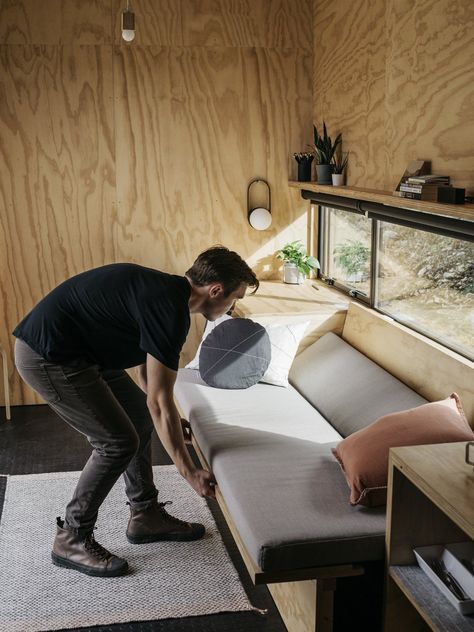 Tiny Cabin Retreat Reconnects Its Guests With Nature Micro Cabin, Blackout Roller Shades, Caravan Makeover, Dwell Magazine, Container Cabin, Cabin Retreat, Tiny House Listings, Getaway Cabins, Huge Windows