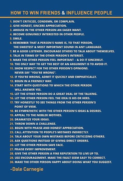 Dale Carnegie Poster How to Win Friends and Influence People Poster. Perfect for those interested in motivational quotes. You may also be interested in life coaching or inspirational quotes and this will hit the spot too. Influencer Bedroom Ideas, Influence People, Gabriel Garcia Marquez, How To Influence People, Dale Carnegie, Good Listener, Psychology Facts, Coping Skills, Self Improvement Tips