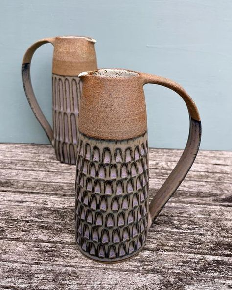 Kate Garwood on Instagram: "A couple of stoneware jugs in Lavender blue with carved patterns #pottery #ceramics #stoneware #wheelthrown #jug #pitcher #instapottery #studiopottery #contemporaryceramics #potteryofinstagram #lavendar #shiplake #oxfordshire #henleyonthames" Ceramic Water Pitcher, Ceramic Pitchers, Pitchers Pottery, Henley On Thames, Ceramic Jug, Pottery Pitcher, Water Pitcher, Pottery Crafts, Water Pitchers