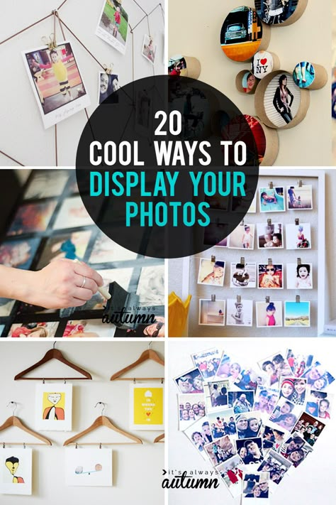 20 cool ways to display your photos. DIY photo display ideas. #itsalwaysautumn #photodisplay #diyphotoframes #diyphotodisplay Diy Photo Display Ideas, Ways To Display Photos, Photo Display Ideas, Diy Photo Wall, Photo Collage Diy, Diy Photo Display, Wall Art Photo, Collage Diy, Diy Photo Frames