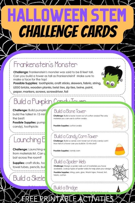 Halloween STEM Challenge Cards | Little Bins for Little Hands Halloween Stem Challenges Elementary, Stem Spider Web Challenge, October Stem Kindergarten, Steam Halloween Activities For Kids, Halloween Steam Activities Elementary, Halloween Stem Activities Middle School, Halloween Steam Activities, Slime Recipe Halloween, Steam Projects For Kids