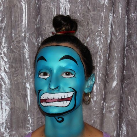 Aladdin’s genie, face paint, Halloween, makeup, costume, funny. @caileybrammer Aladdin Face Paint, Genie Face Paint, Genie Makeup, Aladdin Genie Costume, Voodoo Makeup, Aladdin Play, Face Paint Halloween, Halloween Makeup Costume, Half Skull Makeup