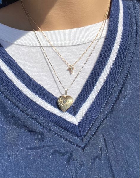 Locket Necklace Stack, Cross Aesthetic Necklace, Stacked Necklaces Aesthetic, Necklace Stack Aesthetic, Locket Necklace Aesthetic, Cross Necklace Aesthetic, Locket Aesthetic, Modest Jewelry, Honey Biscuits