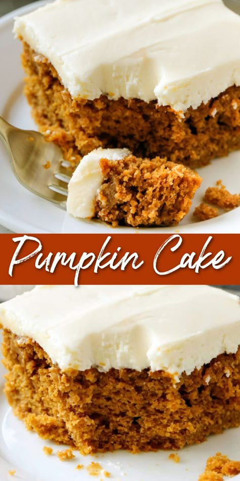 pumpkin cake on a plate Whipping Cream Frosting, Pumpkin Cake With Cream Cheese, Pumpkin Spice Cake Recipe, Pumpkin Cake Easy, Spice Cake Mix And Pumpkin, Spice Cake Recipes, Pumpkin Pudding, Thanksgiving Desserts Easy, Pumpkin Cake Recipes