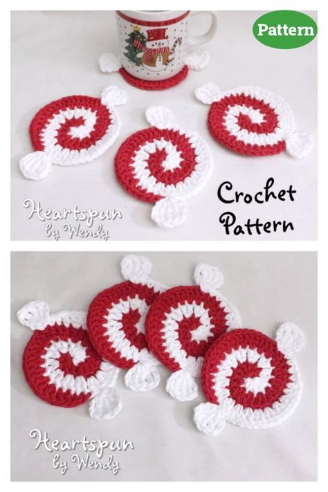 Christmas Peppermint Candy Pinwheel Coaster Crochet Pattern Crochet Peppermint Coasters, Crochet Christmas Coasters, Ghost Crochet Pattern, Ghost Crochet, Valentines Coasters, Holiday Crochet Patterns, Coasters Crochet, Coaster Crochet, Christmas Peppermint