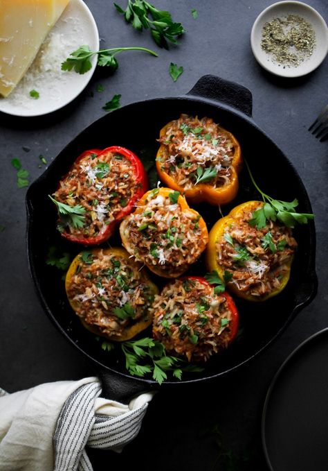 Stuffed Peppers With Beef And Rice Stuffed Pepper Recipes Beef And Rice, Crunchy Garlic, Stuffed Peppers Beef, Stuffed Peppers With Rice, Cheese And Tomato, Beef Rice, Lemon Basil, Beef And Rice, Italian Cheese