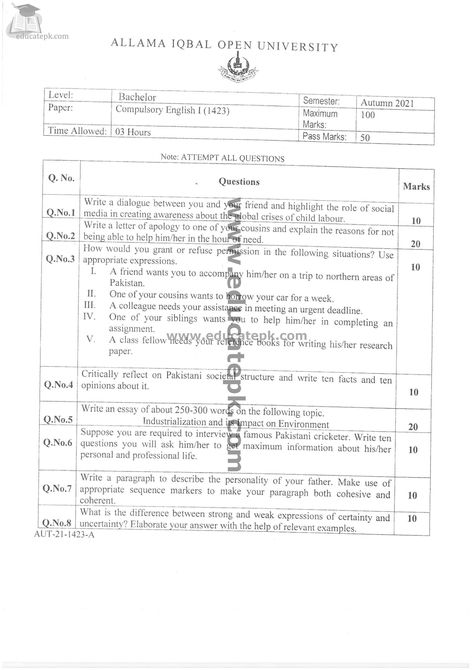 Aiou Past Papers BA English 1423 Pdf English Past Papers, Free Reading Online, Open University, First University, All Codes, Allama Iqbal, Past Papers, Distance Education, Help Desk