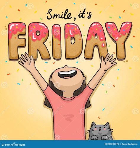 Illustration It`s friday funny girl with a cat Friday Jokes, Good Morning Sun, Friday Funny, Funny Friday, Friday Images, Good Morning Happy Friday, Happy Friday Quotes, Weekday Quotes, Weekend Quotes