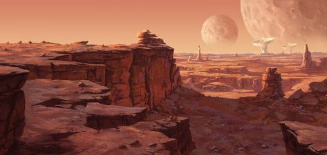 Gorgeous Concept Art of Mars for Worker Studio's original character - CosmoNut. Painting by Chief Creative Officer, Barry Kooser. You can see more Worker Studio concept art at: http://www.worker-studio.com/concepts-and-styles.html Mars Concept Art, Planet Drawing, Landscape Concept, Desert Art, Scary Art, Science Fiction Art, Matte Painting, Fantasy Art Landscapes, Telescopes